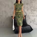 Crasia Kadın Piliseli Kumaş Desenli Vatkalı Yeşil Kısa Yazlık Elbise