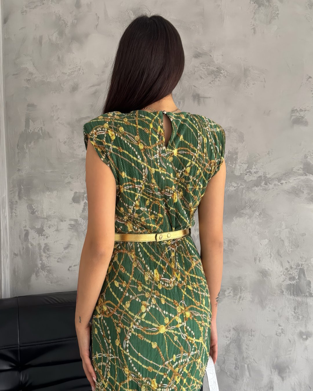 Topaz Gigapixel, 2x ölçek-2 Crasia Kadın Piliseli Kumaş Desenli Vatkalı Yeşil Kısa Yazlık Elbise - Görsel 3