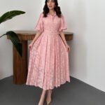 Crasia Pudra Kemerli Balon Kollu Elbise