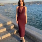 Crasia Dantel Detaylı Bordo Midi Elbise