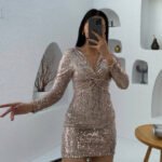 Crasia Kadın Düğüm Detaylı Pulpayet Kısa Sarı Abiye Elbise