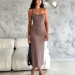 Crasia Kadın ip Askılı Degaje Yaka Krem Elbise