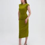 Crasia Kadın Omuz Vatkalı Belden Drapeli Işıltılı Yeşil Kalem Elbise