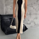 Crasia Önü Şeritli Yırtmaç Detaylı Krem/Siyah Midi Elbise