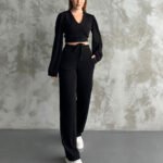 Crasia Kadın Bel Bağlamalı Siyah Triko Takım