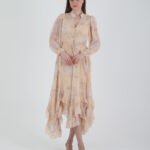 Crasia Kadın Krem Fırfırlı Önü Düğmeli Bağcıklı Şifon Elbise