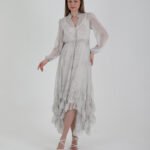 Crasia Kadın Gri Fırfırlı Önü Düğmeli Bağcıklı Şifon Elbise