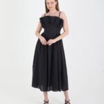 Crasia Kadın Volanlı İp Askılı Siyah Midi Boy Keten Elbise