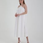 Crasia Kadın İnci Detaylı Bağlamalı Beyaz Midi Elbise