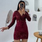 Crasia Kadın Düğüm Detaylı Pulpayet Kısa Bordo Abiye Elbise