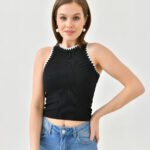 Crasia Kroşeta Dikişli Siyah Atlet Crop