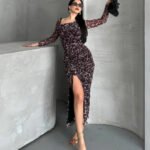 Crasia Kadın Leopar Tül Düşük Omuzlu Midi Boy Elbise