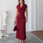 Crasia Kadın Midi Boy Yaka Detaylı Bordo Elbise