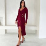 Crasia Kadın Geçmeli Tokalı Kruvaze Midi Boy Bordo Elbise