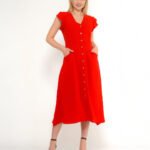 Crasia Kadın Ayrobin Düğmeli Midi Kırmızı Elbise