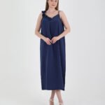 Crasia Kadın Gül Detaylı V Yaka Lacivert Midi Elbise