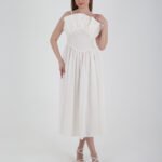 Crasia Kadın Volanlı İp Askılı Beyaz Midi Boy Keten Elbise