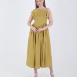 Crasia Kadın Volanlı İp Askılı Yeşil Midi Boy Keten Elbise