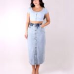 Crasia Yüksek Bel Düğme Detaylı Jean Denim Kot Etek