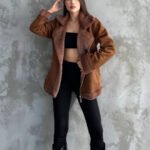 Crasia Kadın İçi Pelüş Cepli Taba Kahverengi Nubuk Süet İçi kürklü Mont Ceket