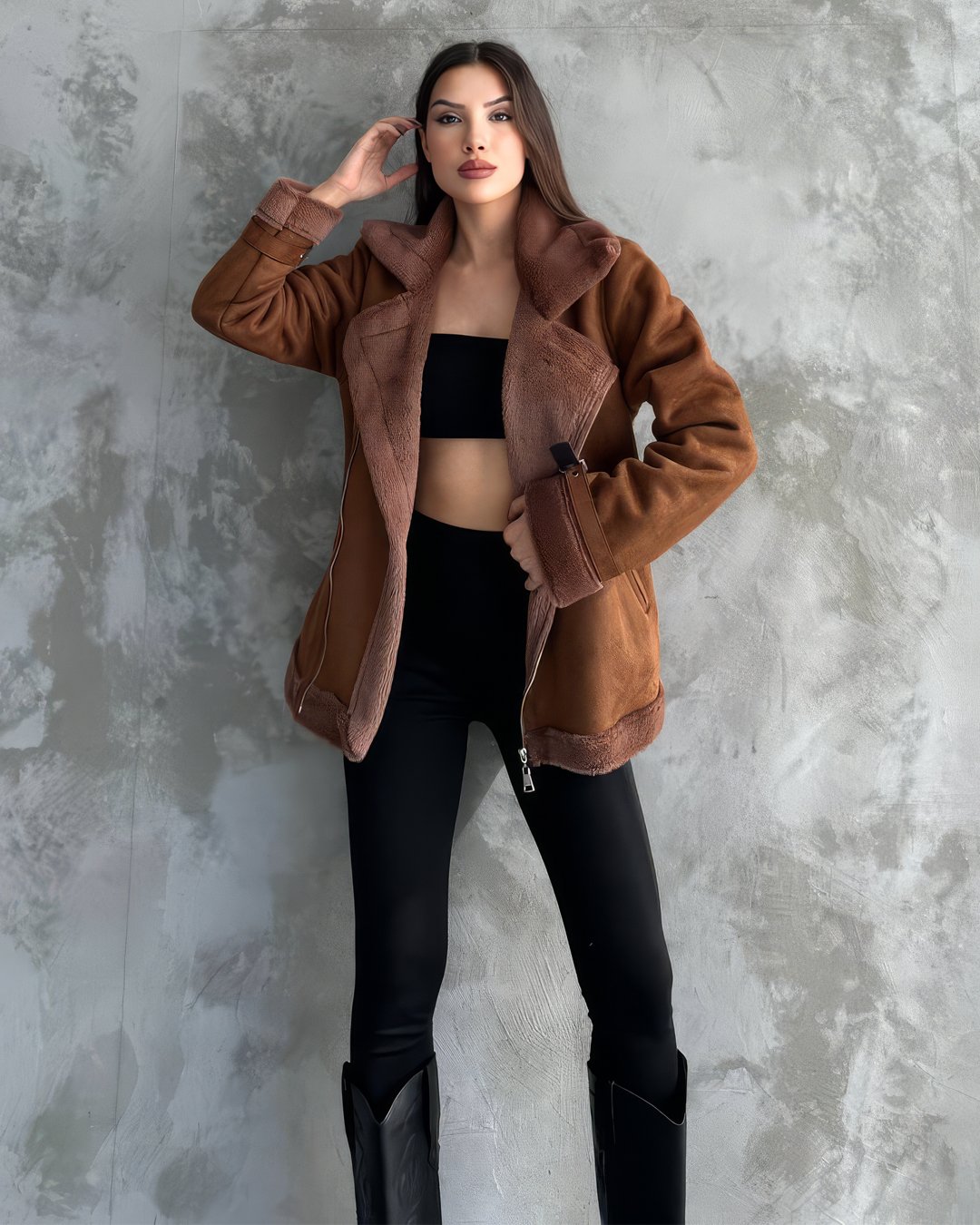 crasia-tek-parca-elbise-2 Crasia Kadın İçi Pelüş Cepli Taba Kahverengi Nubuk Süet İçi kürklü Mont Ceket - Görsel 1