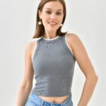 Crasia Kroşeta Dikişli Gri Atlet Crop