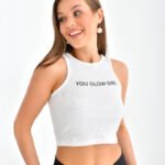 Crasia Bisiklet Yaka Baskılı Beyaz Crop/Atlet