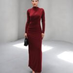 Crasia Kadın Drapeli Bordo Uzun Elbise