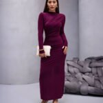 Crasia Kadın Drapeli Mürdüm Uzun Elbise