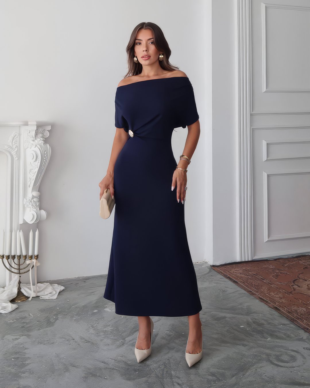 crasia-tek-parca-elbise-3 Crasia Kadın Midi Boy Yaka Detaylı Lacivert Elbise - Görsel 3